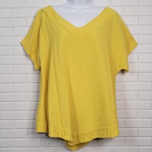 Oh My Gauze Top Womens Sz 2Yellow Tunic Pointed Hem V-Neck Minimalist Lagenlook